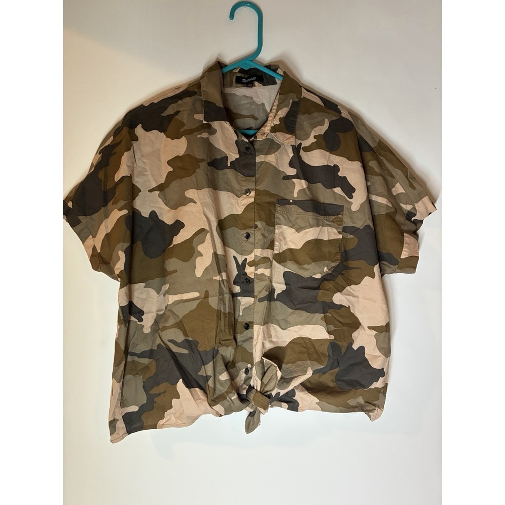 Madewell Cottontail Camo Short Sleeve Button Tie Front Shirt Womens L